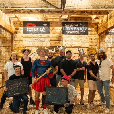 large group of people axe throwing at Kiss My Axe Sydney