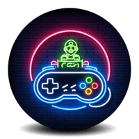 Neon game controller with character and circle on dark brick wall.