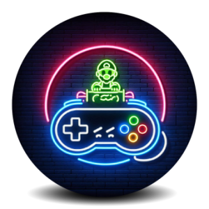 Neon game controller with character and circle on dark brick wall.
