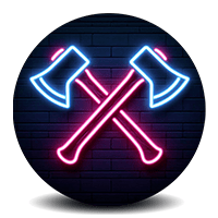 Neon sign of two crossed axes in blue and pink on a dark brick wall.