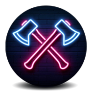 Neon sign of two crossed axes in blue and pink on a dark brick wall.