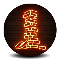 Neon outline of a leaning Jenga tower with fallen blocks, on a dark background.