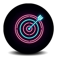 Neon target with arrow in bullseye on black circular background.