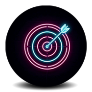 Neon target with arrow in bullseye on black circular background.