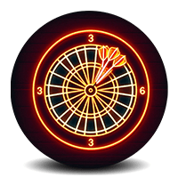 Neon dartboard with three darts hitting the bullseye.