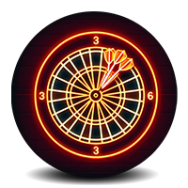 Neon dartboard with three darts hitting the bullseye.