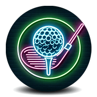 Neon sign of golf ball on tee with a golf club on a dark background.