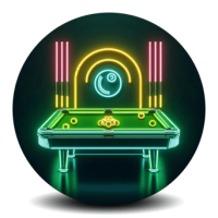 Neon art of pool table with cues and ball in vibrant colors on dark background.