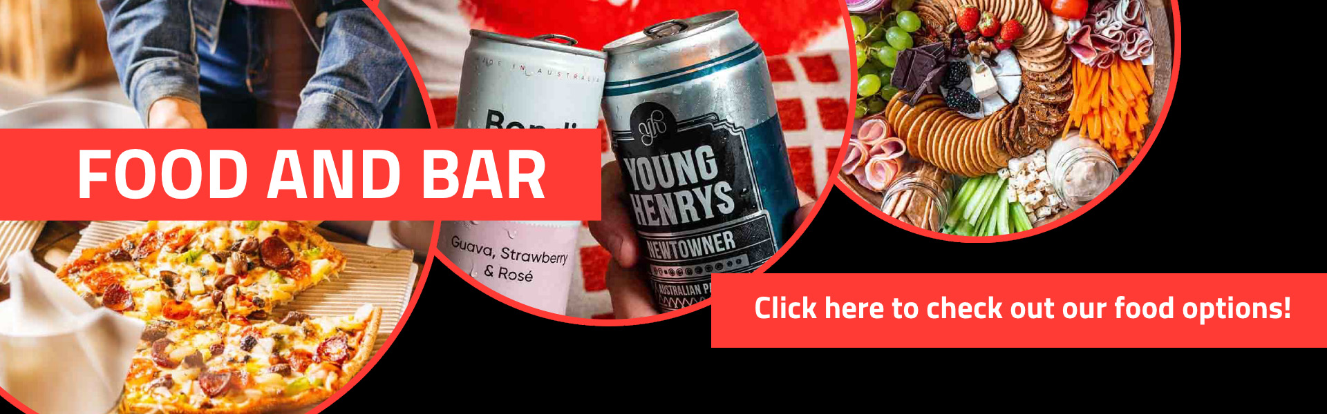 Collage of pizza, drinks, and a charcuterie board with 'FOOD AND BAR' text.