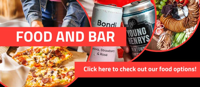 Collage of pizza, canned drinks, and charcuterie with 'FOOD AND BAR' text banner.