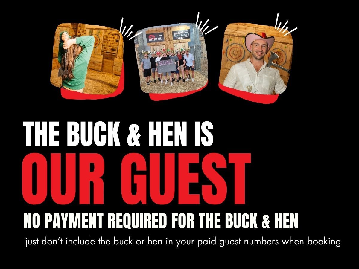 Collage with people posing, text promoting free event entry for buck and hen.