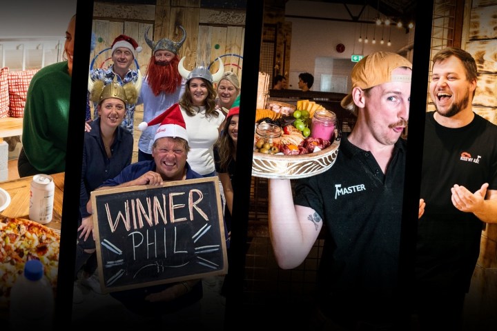 Four event scenes: person with pizza, group in festive hats, man with food tray, person laughing near target.