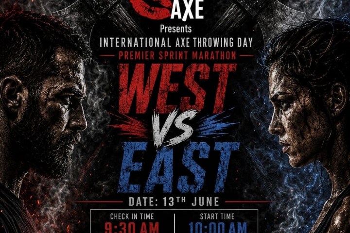 Axe throwing competition poster with 'West vs East' theme and event details.