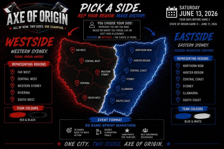 Red vs blue themed event map for 'Axe of Origin' in Sydney, with regions and dates in June 2026.
