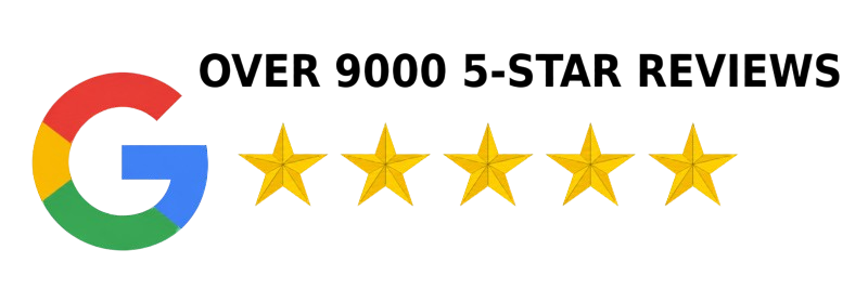 Google logo with 'Over 9000 5-star reviews' and five stars.