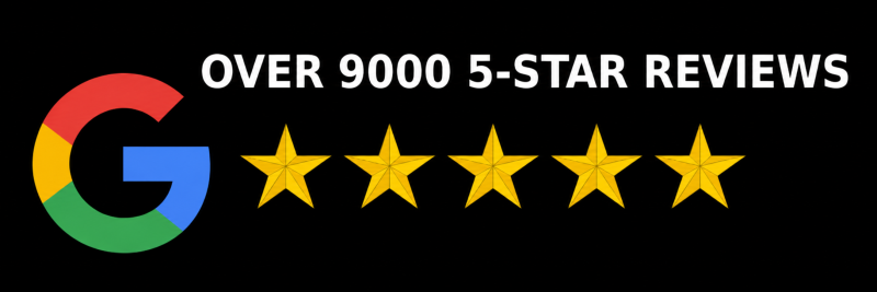 Google logo with text: Over 9000 5-star reviews, and five gold stars.