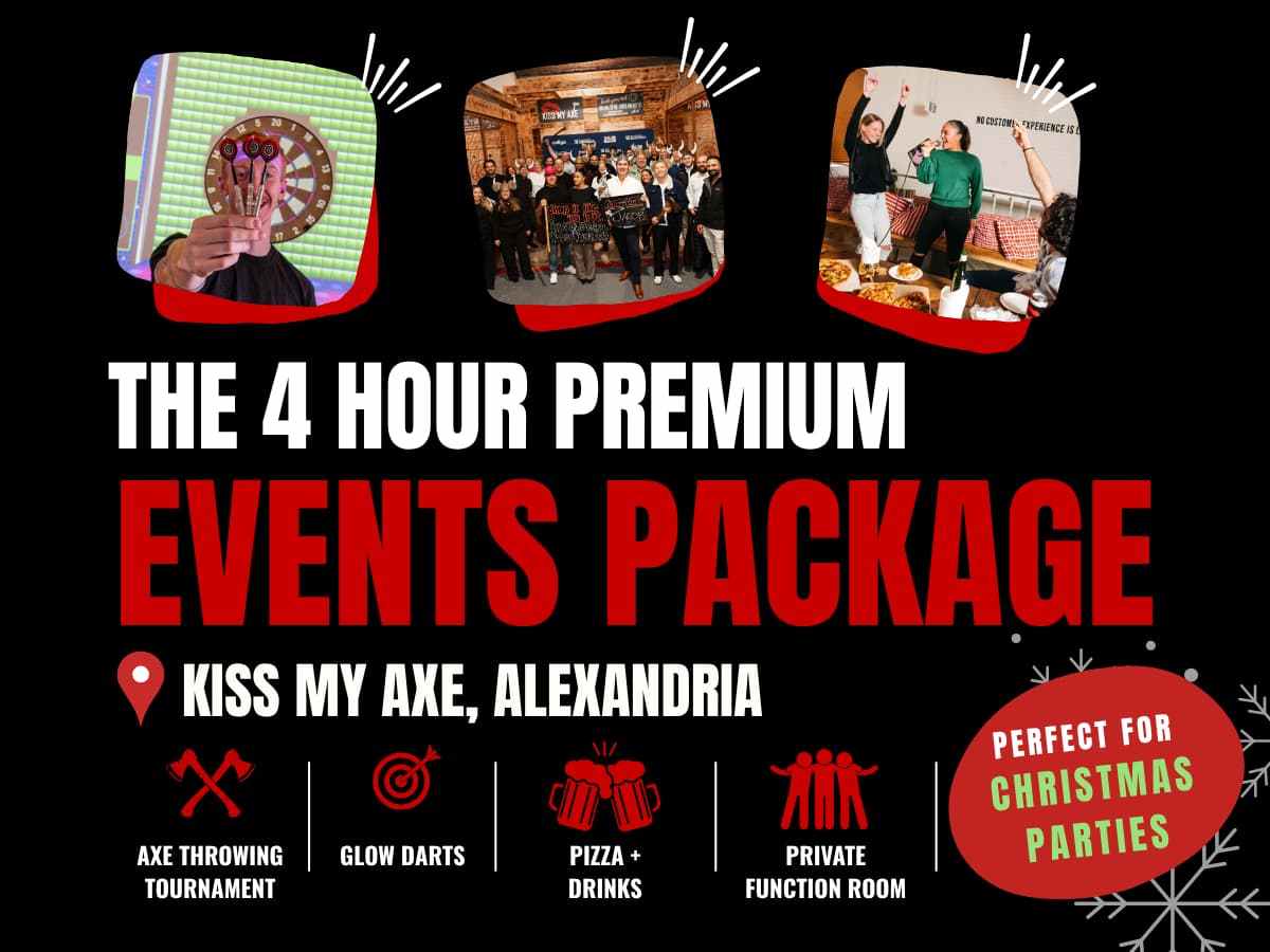Event promo for axe throwing, glow darts, pizza at Kiss My Axe, ideal for Christmas parties.