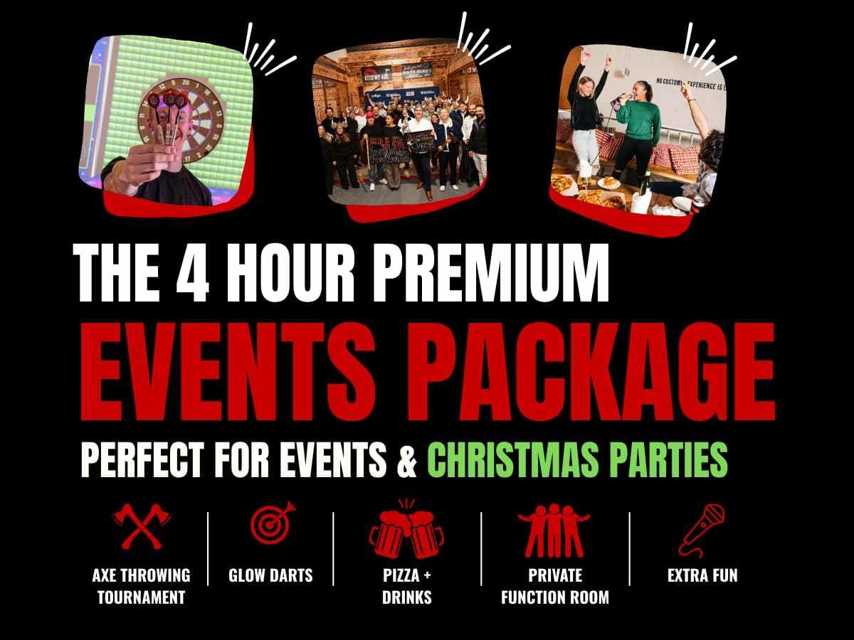 Event package advertisement with axe throwing, glow darts, and pizza.