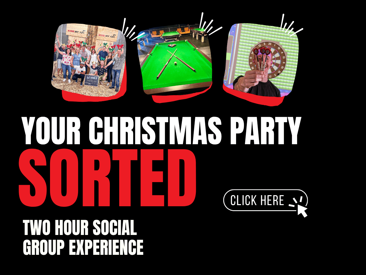 Holiday party ad with group photo, pool, and dart gameplay.